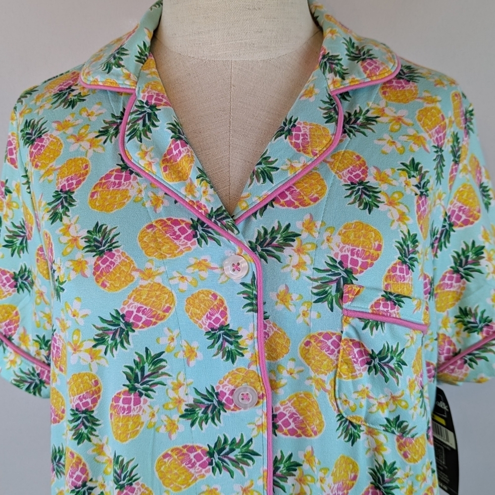 Pillow Talk Tropical Pineapple Print PJ Set Short Sleeve Top Pants Aqua M NWT - Picture 10 of 12